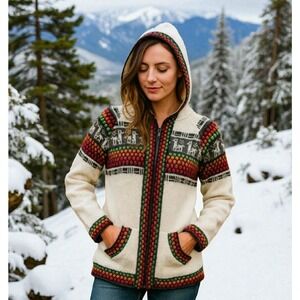 Womens Cream‎ Alpaca Blend Colorful Knit Hooded Cardigan Sweater Llama Pattern